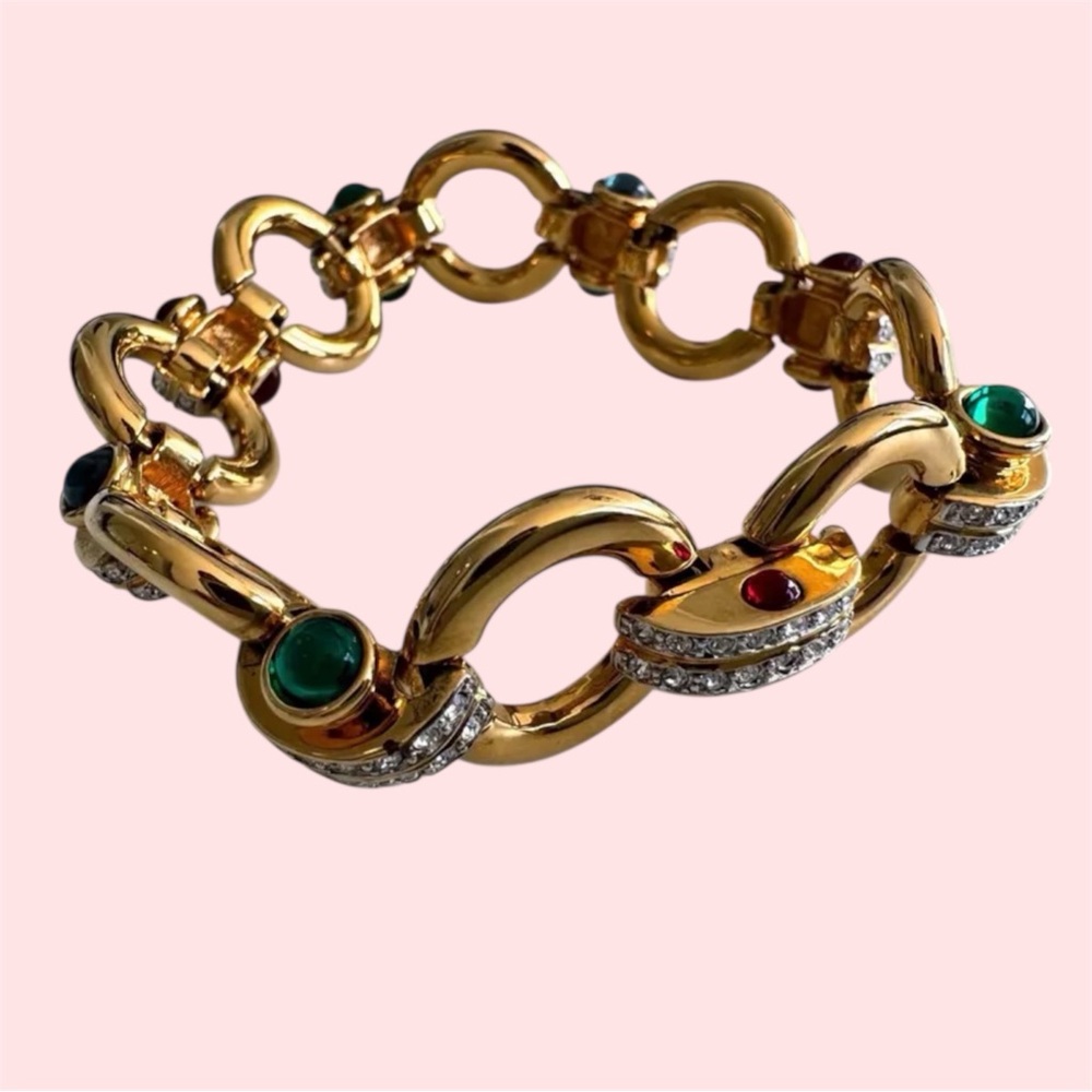 Joan Rivers Jewels Of India Colored Cabochons Link Bracelet Rhinestones 1990s